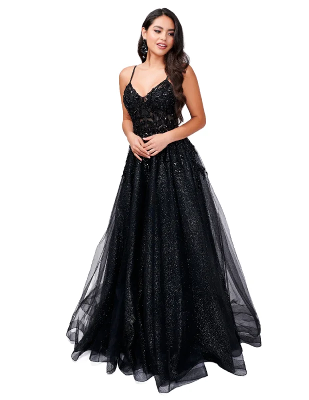 Nina Canacci 3262 Size 14 Black Backless Shimmer Tulle Prom Dress A Line Maxi Slit Lace Corset Sequin