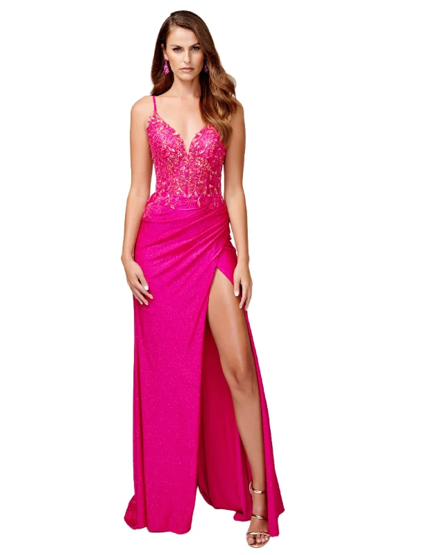 Nina Canacci 3260 Size 4 Fuchsia Sheer Sequin Lace Corset Prom Dress Slit Shimmer Formal Gown