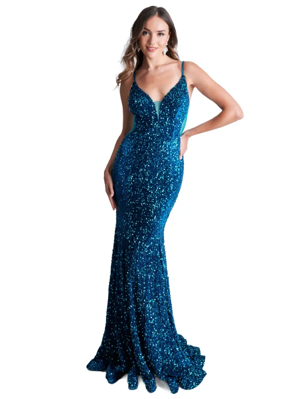 Nina Canacci 4420 Size 2, 4 Emerald Velvet Sequin Mermaid Prom Dress Formal Evening Gown Sheer V Neck