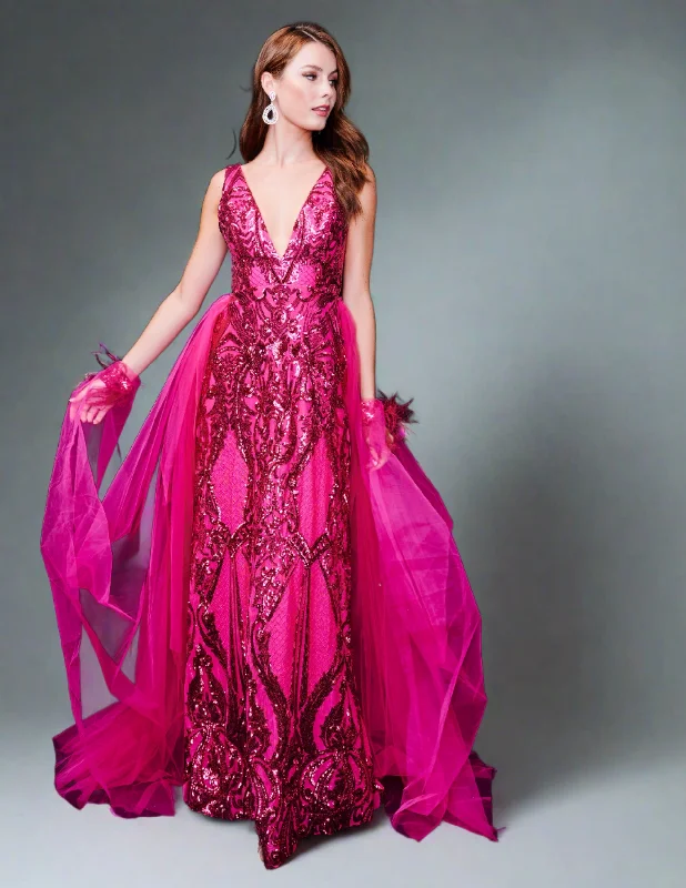 Nina Canacci 8224 Size 0 Magenta Sequin Pageant Dress Feather Cuff Overskirt Cape Gown Fitted V Neck