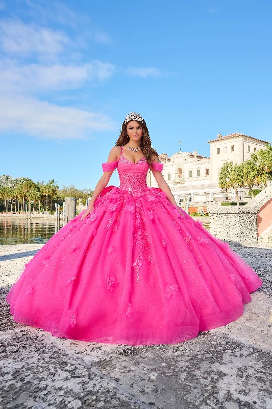 Amarra 54204 Size 0 hot Pink Quinceanera Dress Train Long Sleeve Bow Flowers Sequins Ballgown off the Shoulder