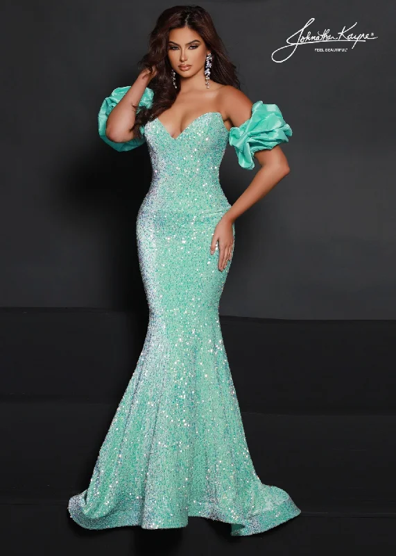 Johnathan Kayne 2641 Size 00 Seafoam Long Velvet Sequin Mermaid Prom Dress Puff Sleeve Pageant Gown