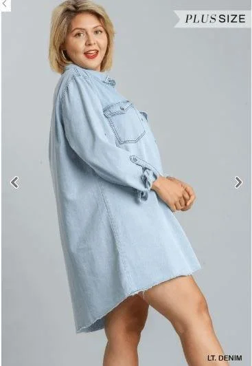 Chest Pockets Collar Button Down Non-Stretch Denim Dress with Unfinished Hem