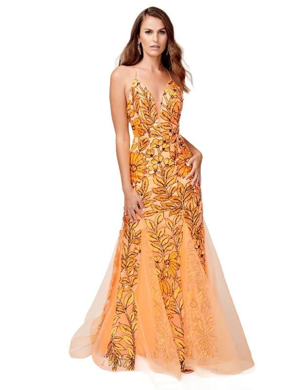 Nina Canacci 8236 Size 4, 6 Orange Sequin Mermaid Prom Dress Backless Corset Formal Gown V Neck