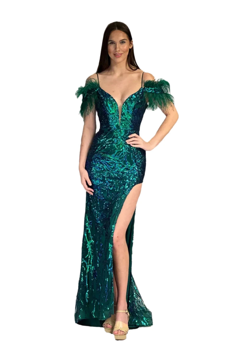 Abby Paris 90271 Size 0 Green Sequin High Slit Feather Prom Dress Corset off the Shoulder