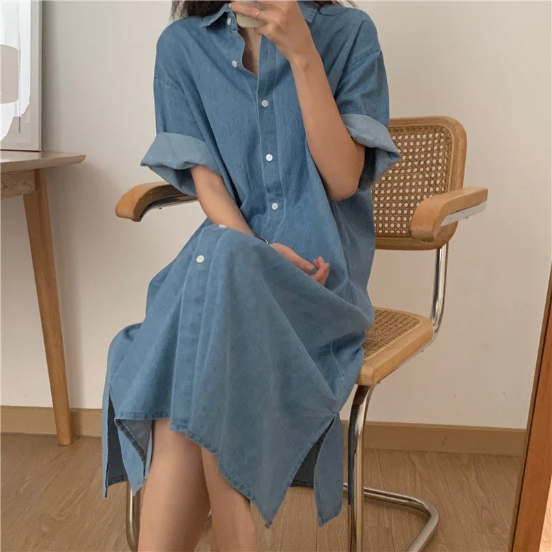 Julia Fashion - Lazy Casual Loose Lapel Denim Summer Dress