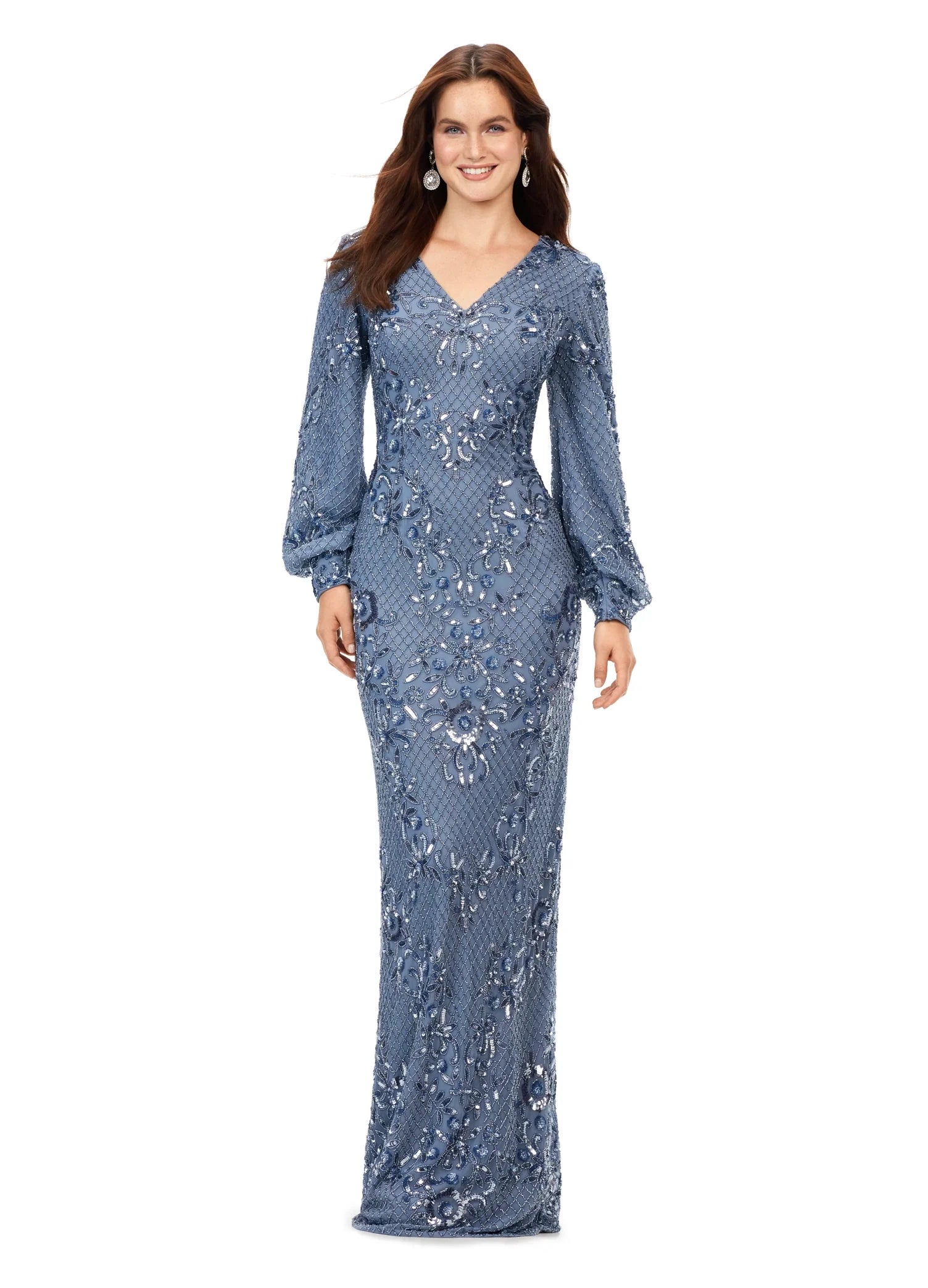 Ashley Lauren 11193 sz 18 Vintage Blue Long Formal Dress Beaded With Bishop Sleeves Fully Sequined Gown