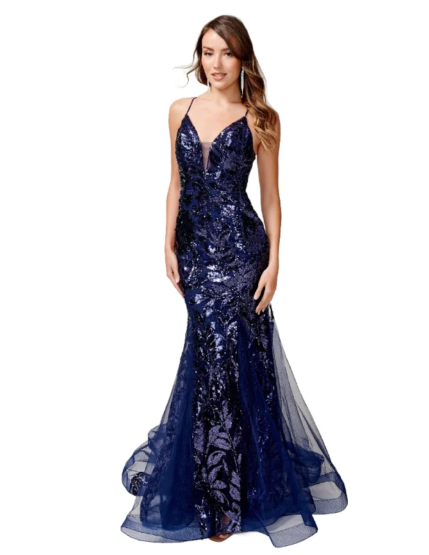 Nina Canacci 8236 Size 4 Navy Sequin Mermaid Prom Dress Backless Corset Formal Gown V Neck