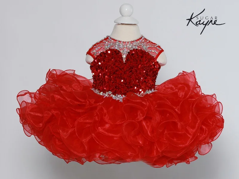 Sugar Kayne C208 Short Velvet Sequin Cupcake Pageant Dress Ruffle High Neck Formal Gown