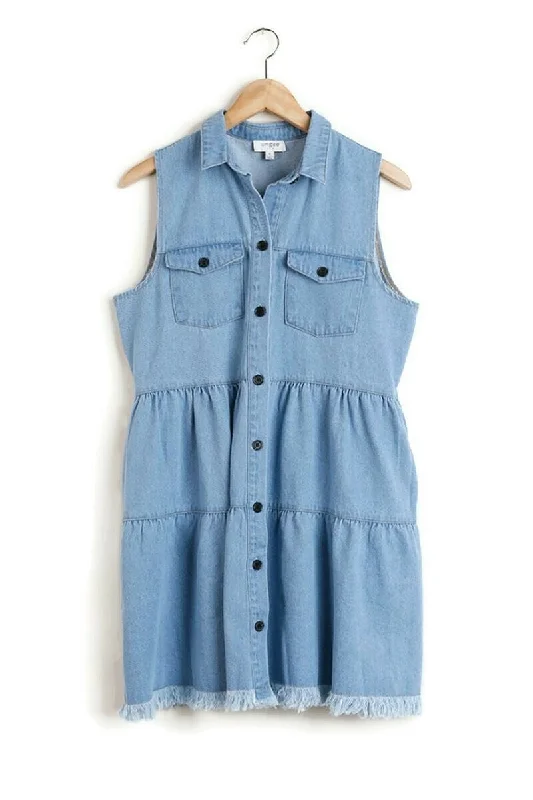 Tiered Sleeveless Dress, Light Denim