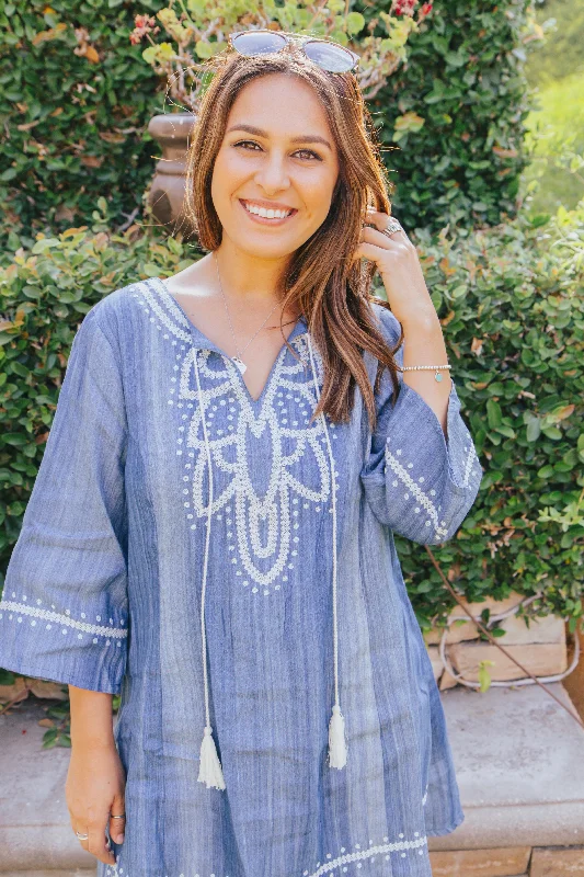 Embroidered Denim Dress, Blue