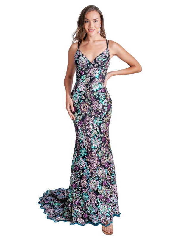 Nina Canacci 2382 Size 4 Black Multi Sequin Print Formal Prom Dress Backless Corset V Neck Evening Gown