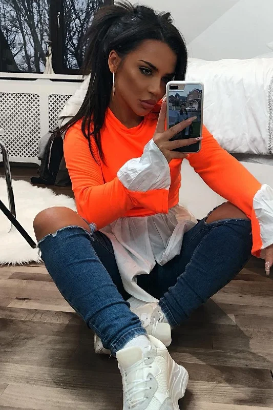 Neon Orange Shirt Insert Crew Neck Jumper - Kamilla