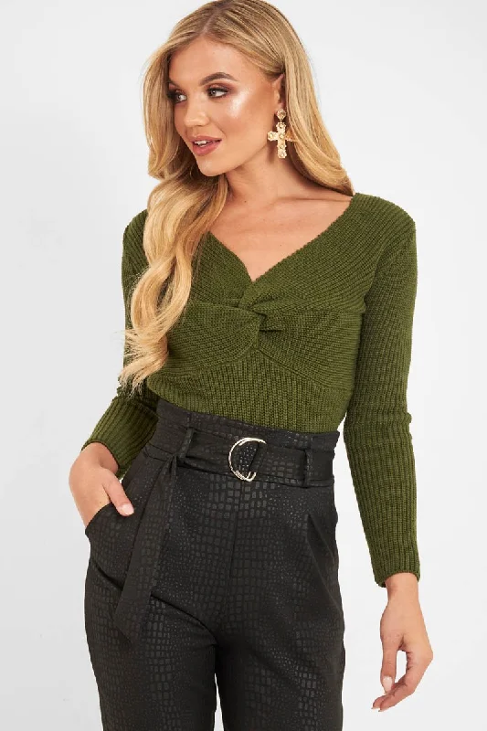 Khaki Twist Front Knit Jumper - Pollyanna