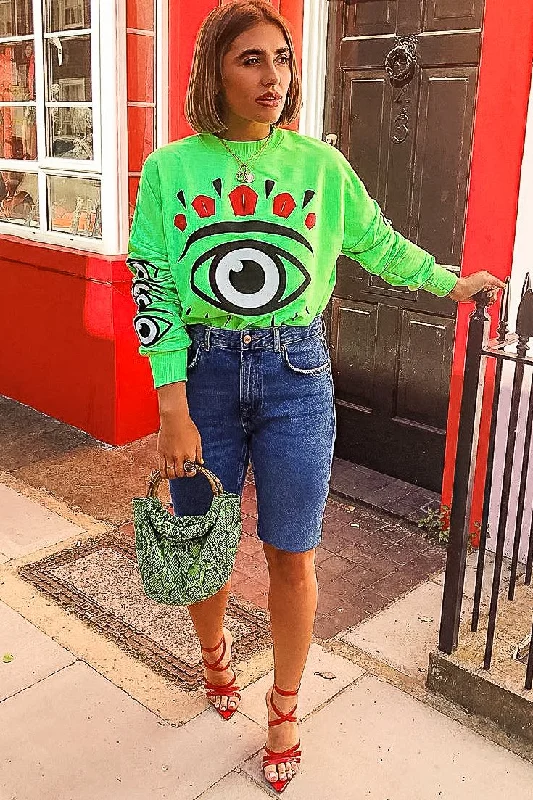 Neon Green Eye Print Crew Neck Sweatshirt - Lynden