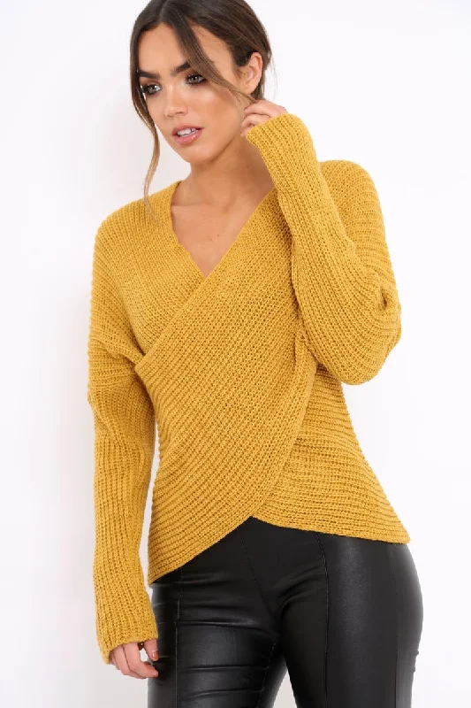 Mustard Wrap Front Cable Knit Jumper - Melia