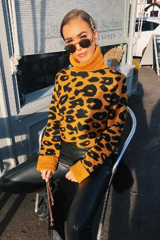 Mustard Leopard Crop Roll Neck Jumper - Halley