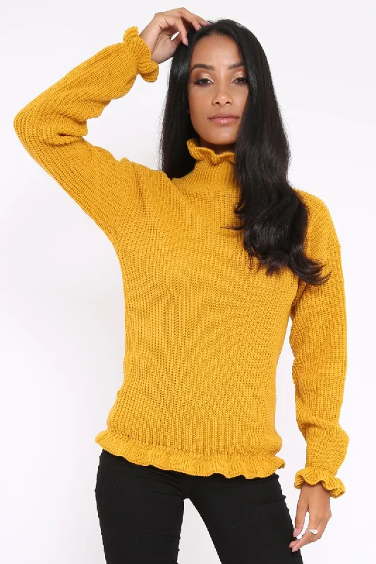 Mustard Knitted Ruffle Jumper with Elasticated hems - Kayleigh