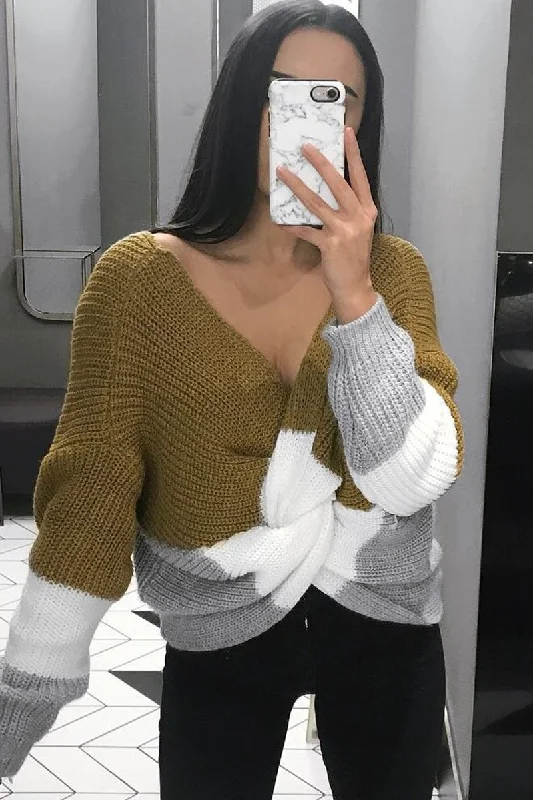 Mustard White and Grey Knot Knit Jumper - Kerri