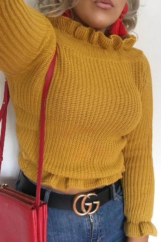 Mustard Knitted Ruffle Jumper with Elasticated hems - Eve