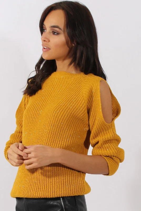 Mustard Sparkle Knitted Cold Shoulder Jumper - May