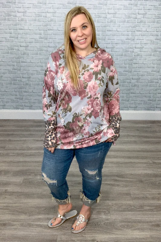 Floral Hoodie with Thumbholes and Fun Contrasting Animal Print Details