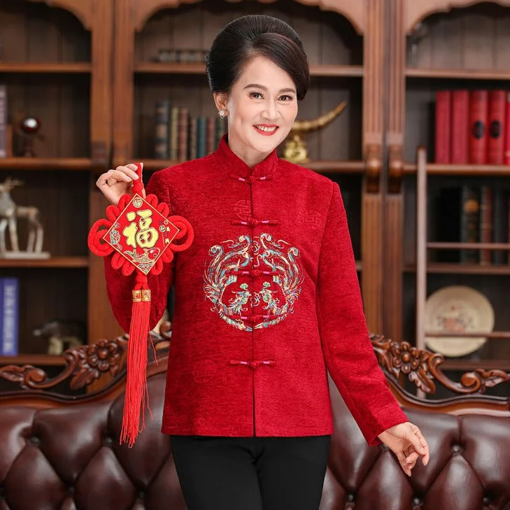 Mandarin Collar Dragon Embroidery Velvet Traditional Chinese Jacket Mother Coat