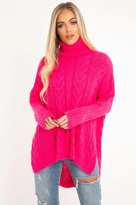 Neon Pink Cable Knit Roll Neck Jumper - Laraina