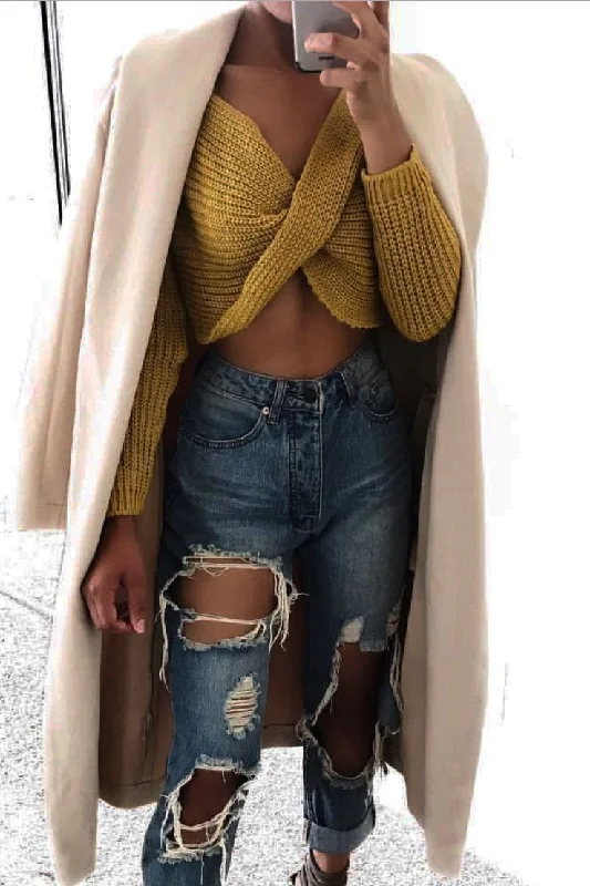 Mustard Cropped Twist Front Jumper - Arabella