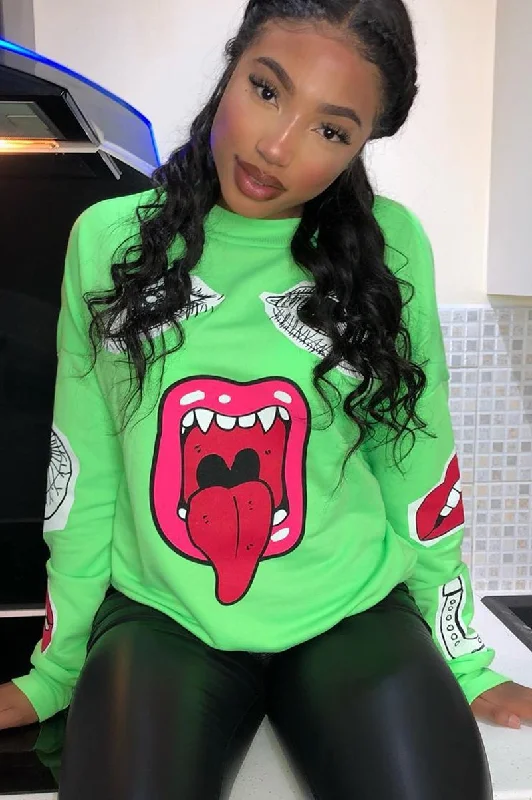 Neon Green Eyes Lips Printed Sweatshirt - Beckie