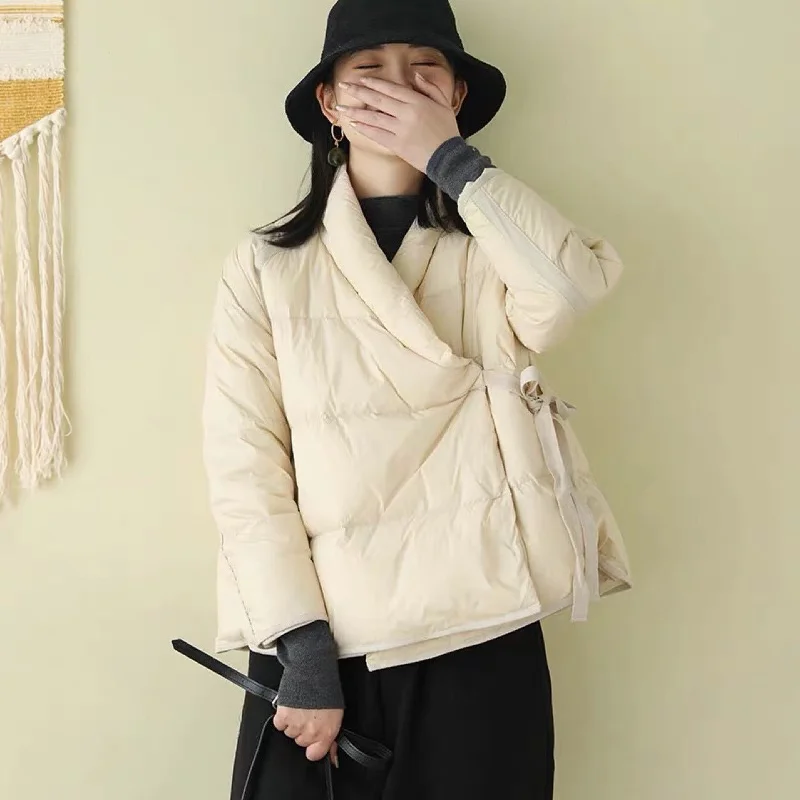 Retro Zen Style V Neck Women's Down Coat with Lacing