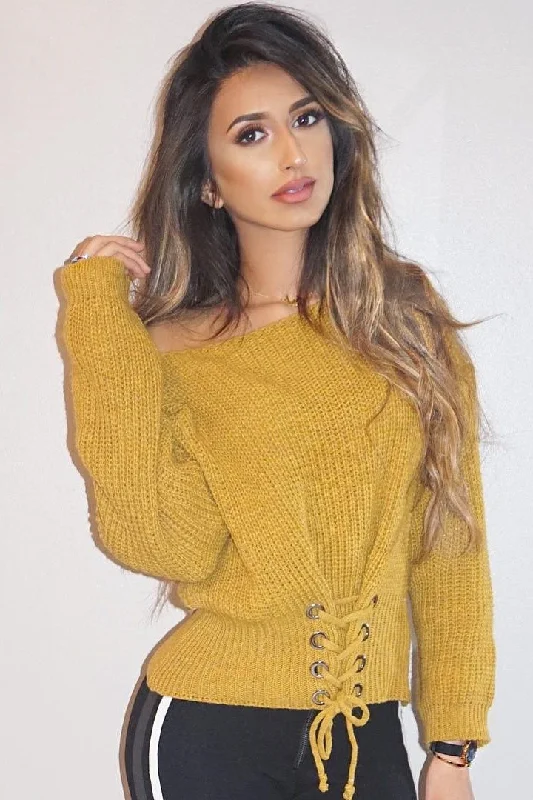 Mustard Chunky Knit Corset Waist Knitted Jumper - Mikayla