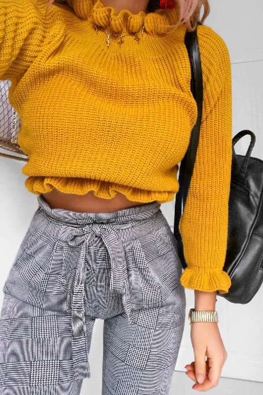 Mustard Ruffle Hem Chunky Knit Crop Jumper - Alannah