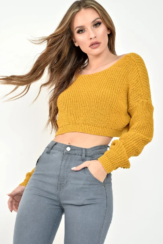 Mustard Chunky Knit V Back Crop Jumper - Priscilla