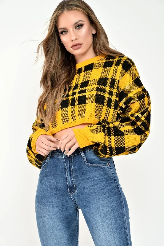 Mustard Check Batwing Crop Knit Jumper - Marisa