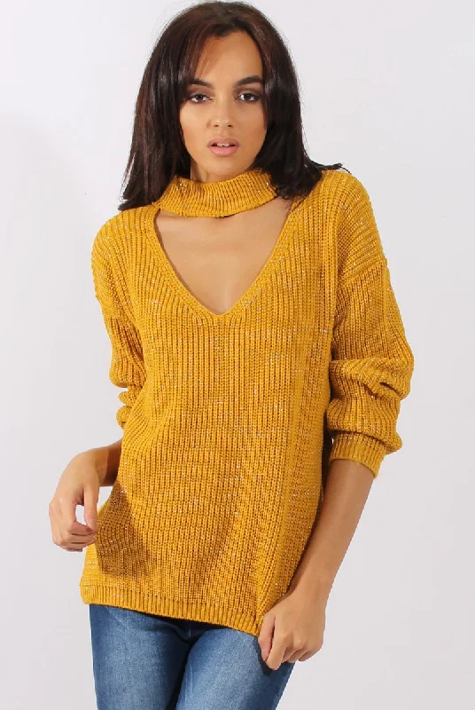 Mustard Sparkle Knitted Cut Out Front Jumper - Meri