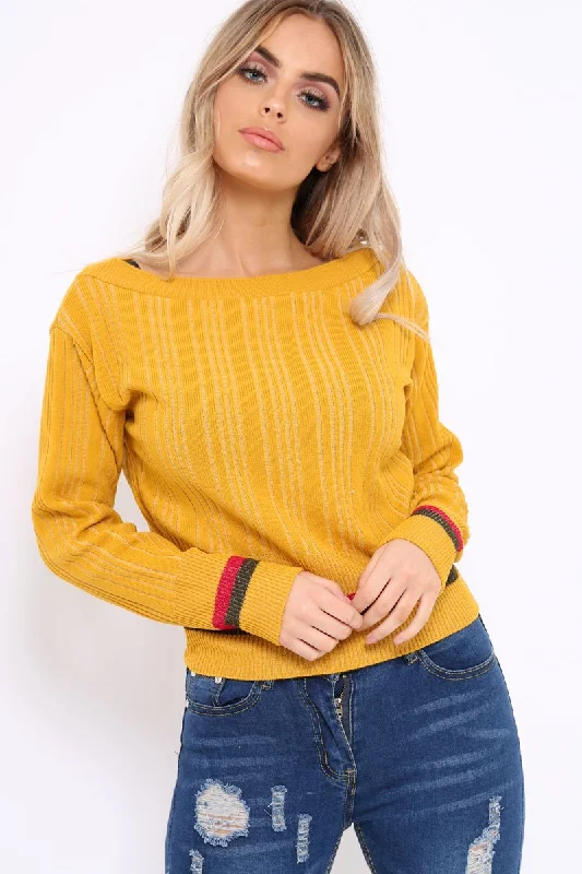 Mustard Bardot Jumper with Stripe Detail - Falon