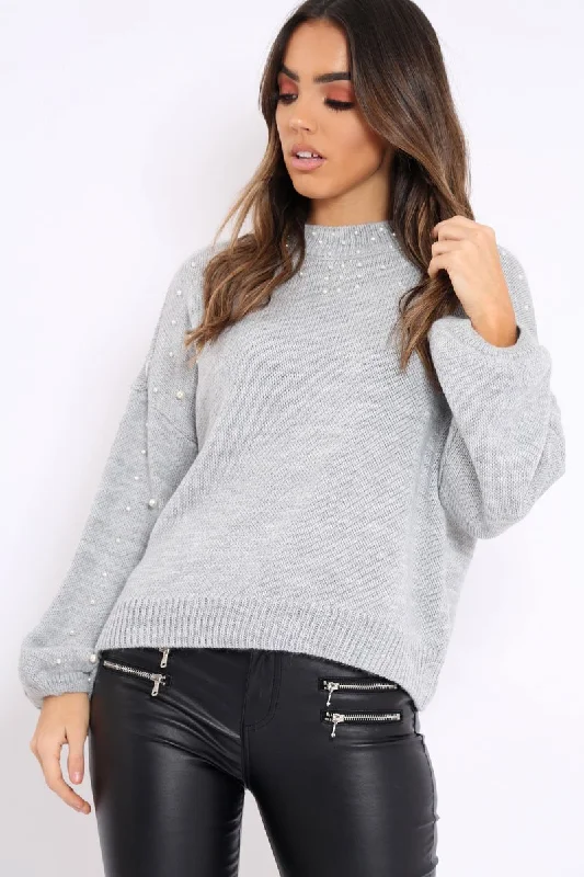 Light Grey Puff Sleeve Pearl Chunky Knit Jumper - Nancie