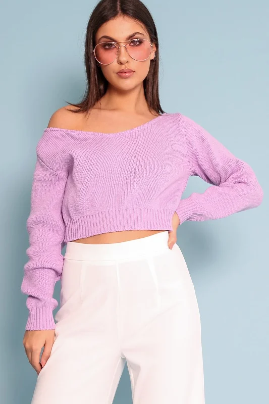 Lilac V Neck Off Shoulder Knitted Cropped Jumper - Kirby