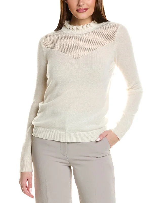 Sofiacashmere Ruffle Mock Neck Mesh Stitch Cashmere Sweater