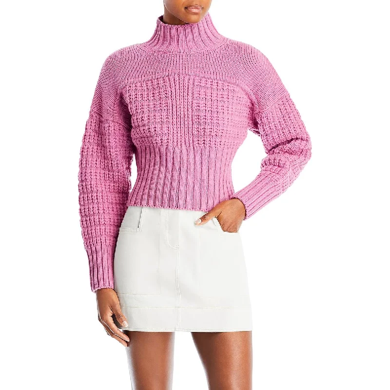 Womens Ribbed Trim Cropped Mock Turtleneck Sweater