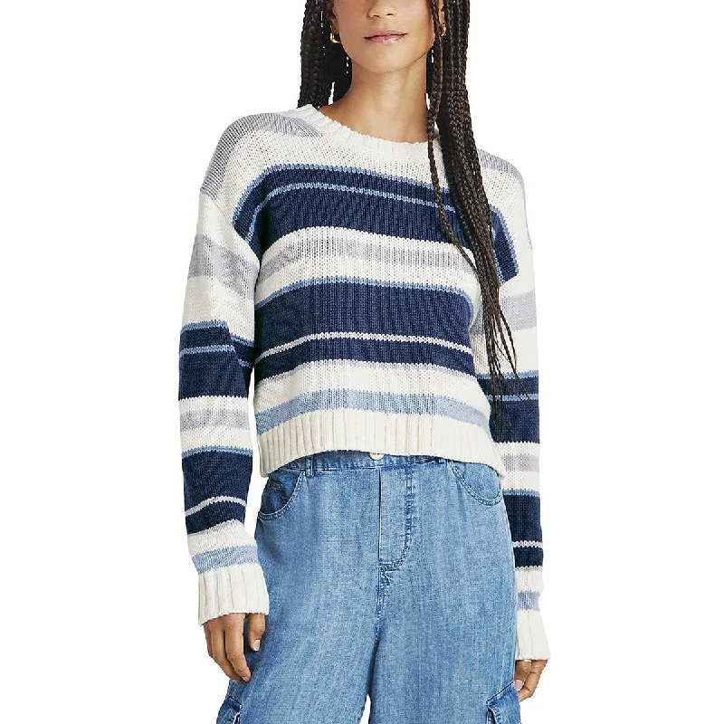 Womens Ribbed Trim Striped Crewneck Sweater