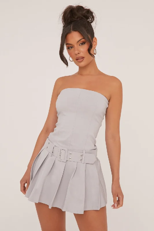 Grey Bandeau Pleat Detail Waist Belt Mini Dress - Clover