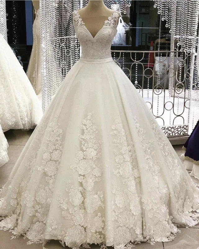 Deep V Neck Ball Gown Wedding Dress Lace Appliques