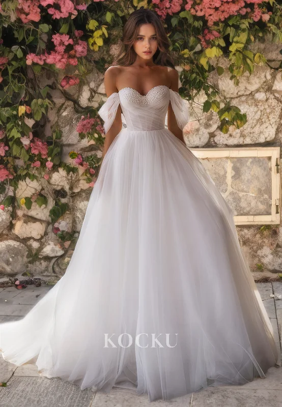 Elegant & Luxurious Off-Shoulder A-Line Tulle Peals Wedding Dress