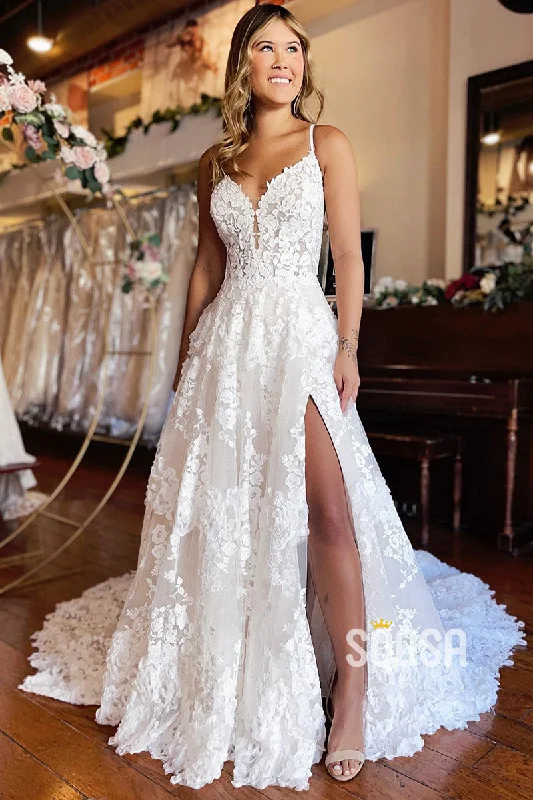 A Line V-neck Illusion Lace Wedding Dress with Slit Bridal Gown QW2386