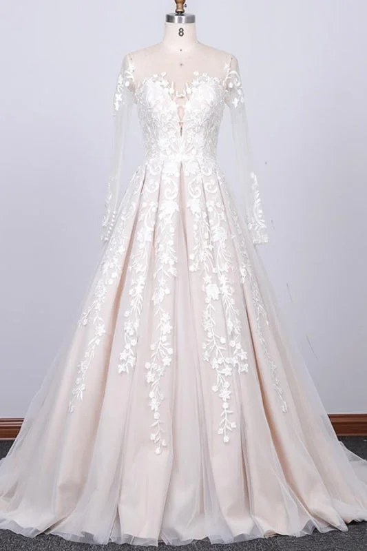 Long Sleeve Appliques Tulle A-line Wedding Dress