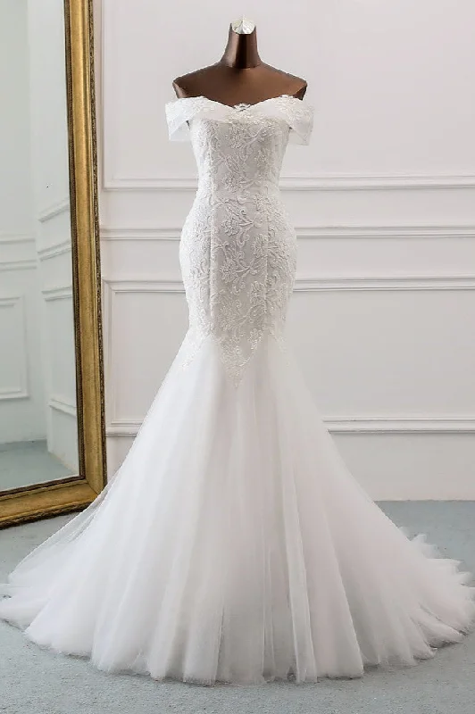 Off-the-Shoulder Long Mermaid Wedding Dress with Tulle and Lace