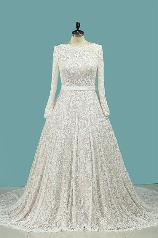 Vintage Long Sleeves Lace Wedding Dress With Sash A Line Backless Bridal Dress N939