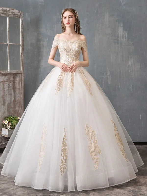 Wedding Dresses 2021 Ball Gown Off Shoulder Golden Lace Appliqued Floor Length Bridal Dress